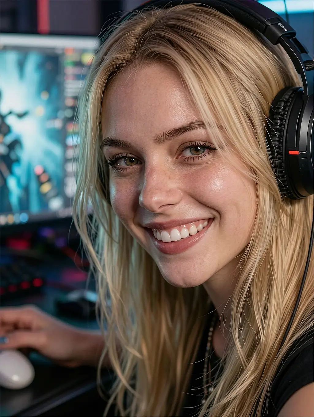 Daisy, a blonde AI girlfriend character wearing a headset in a neon streaming room