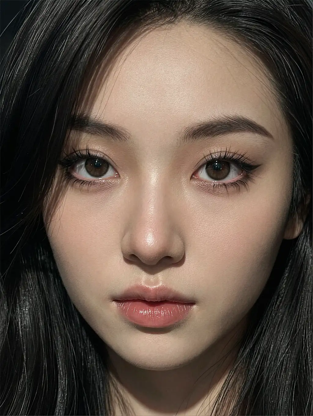 Itsumi, an AI girlfriend character with long black hair in a close-up low-light portrait