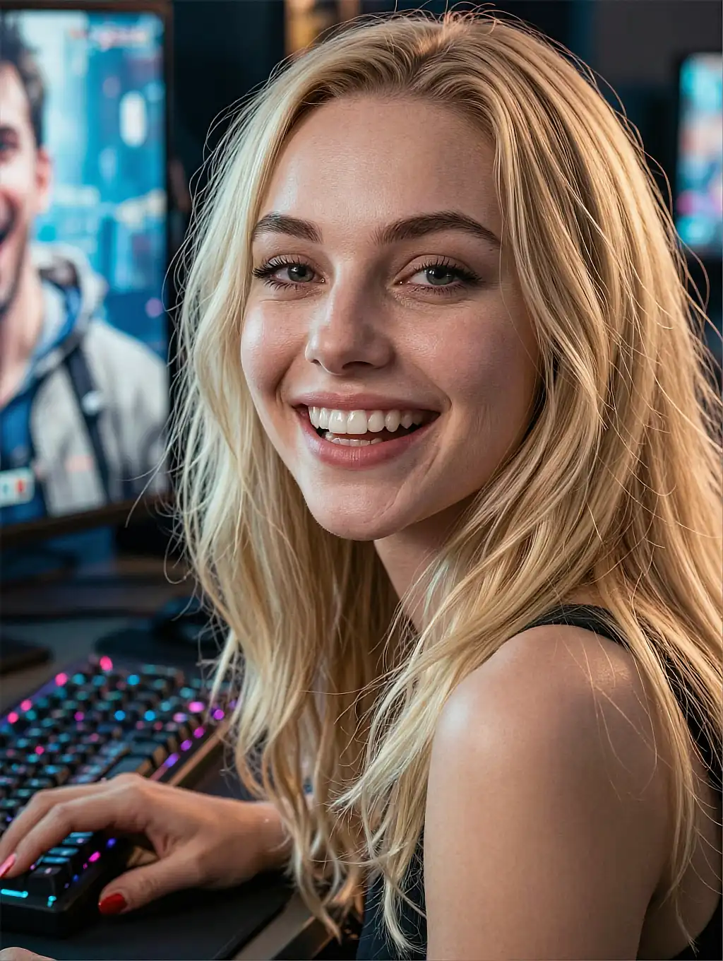 Barbara, a blonde AI gf character laughing in front of a lit gaming setup