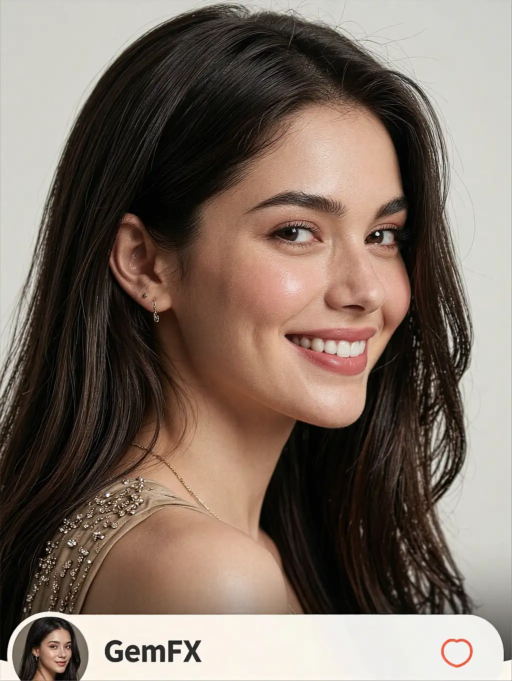 Jessica, a dark-haired AI gf character smiling over her shoulder in a studio portrait