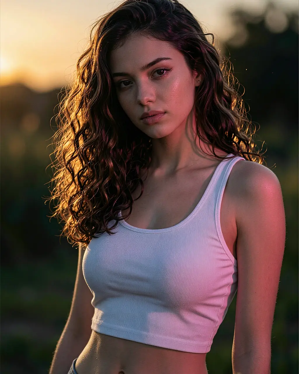 Curly-haired ai gf character in a white top photographed against a low sunset