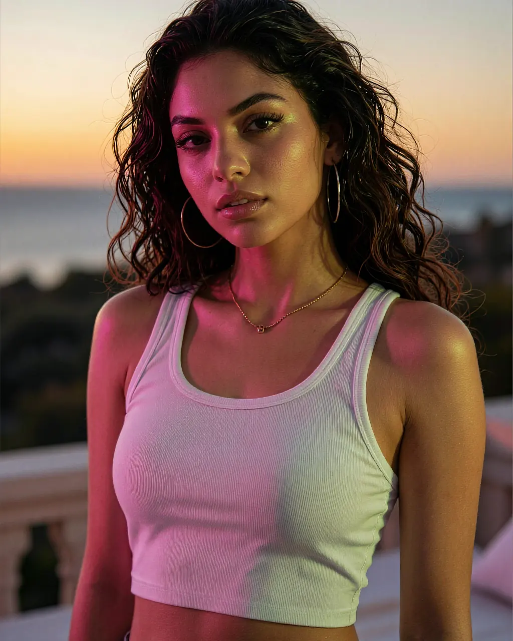 Curly-haired nsfw ai gf character in a white top on a terrace at sunset