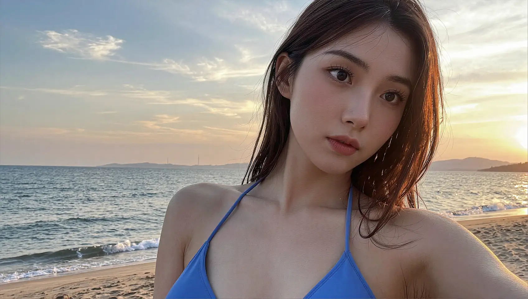 AI gf character photographed on a beach at sunset in a blue swimsuit